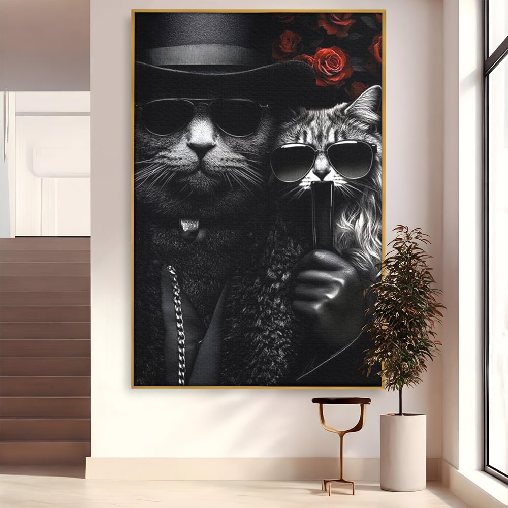 Tablou canvas cu tablou canvas cu pisici gangster in ochelari, in rama de aluminiu auriu